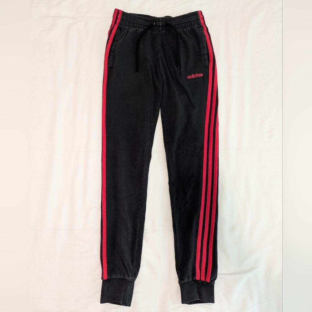 Adidas Black Joggers with Pink Stripes
